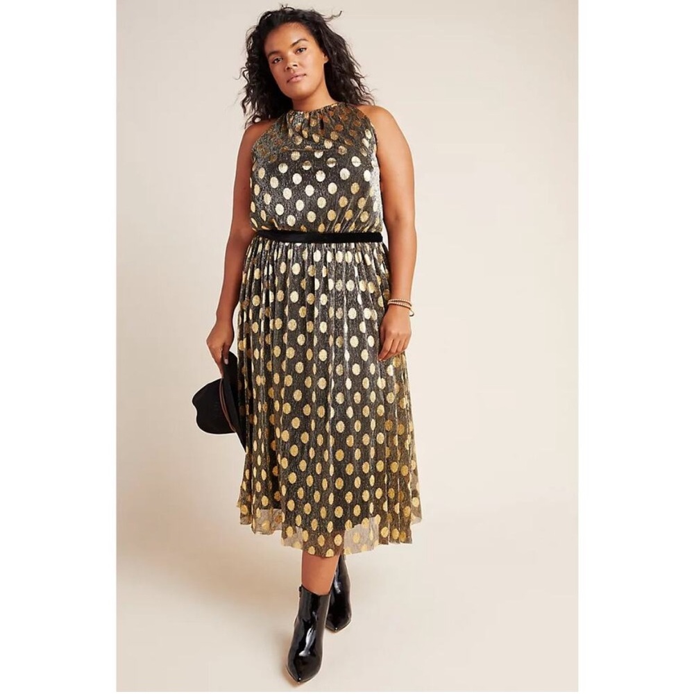 Sunday in Brooklyn Gold Polka Dot Midi Dress with Black Tie
